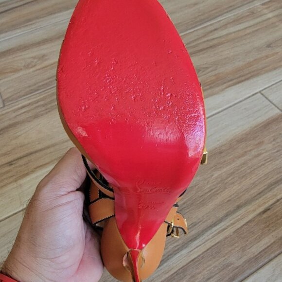 Christian Louboutin Funky 120 Tan Leather Gladiator Sandal Strap Shoes Eur. 37.5 - Picture 12 of 15